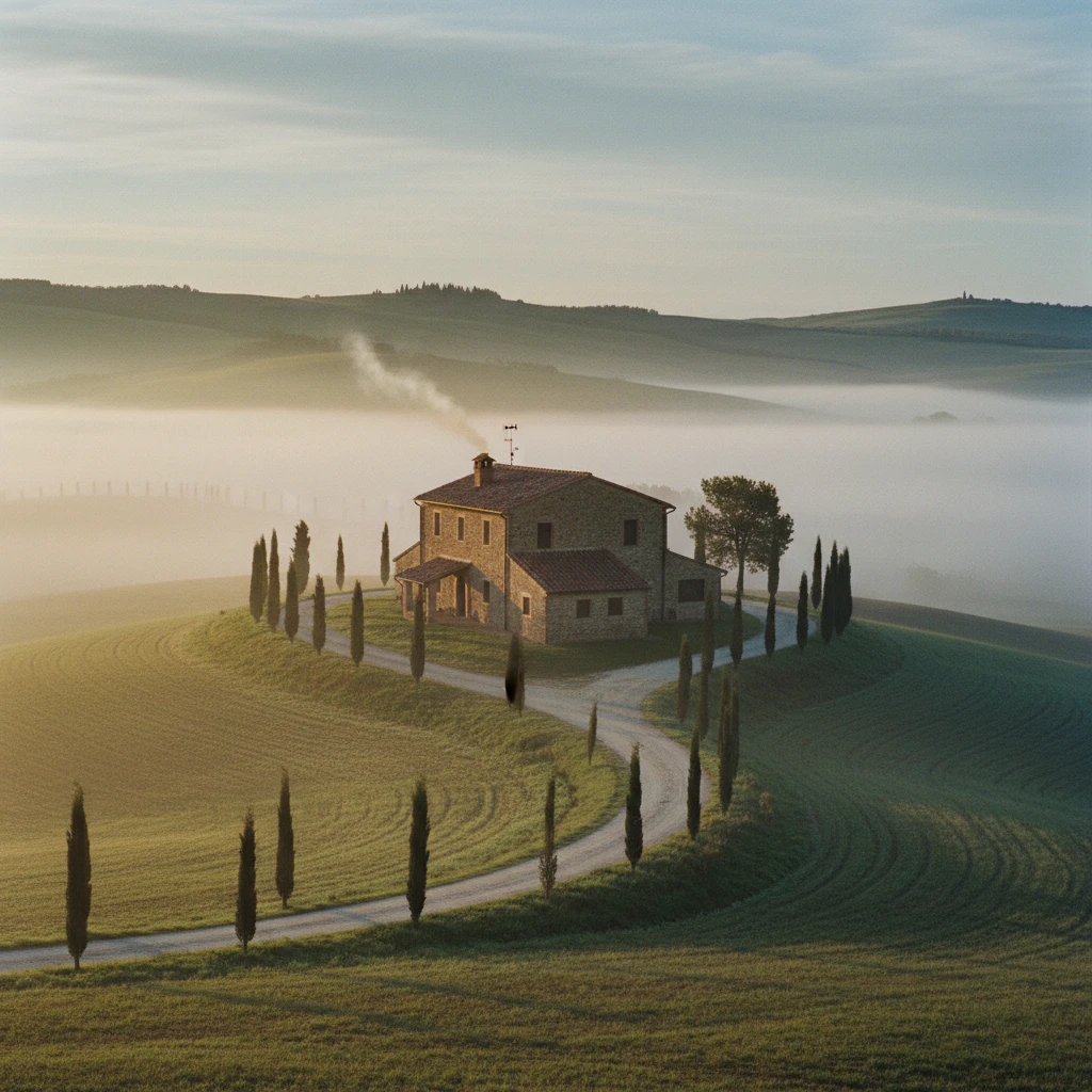 Nano Banana Text-to-Image: A breathtaking, National Geographic style photograph of a rustic stone farmhouse in Tuscany, Italy, at sunrise