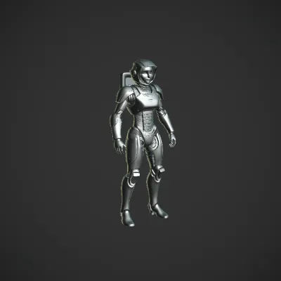 Rodin V2 Text-to-3d: Create a fully textured 3D model of a female sci-fi explorer in a sleek white and teal exosuit. She is in a ne