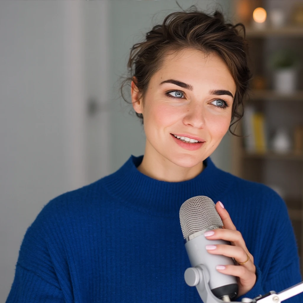 Ideogram Character: she is hosting a podcast in a blue sweater