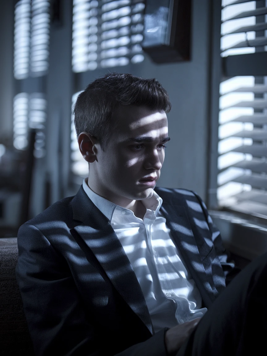Ideogram V2 Turbo: Young man sitting alone in a dimly lit room with window blinds casting shadows on his face, contemplative expr
