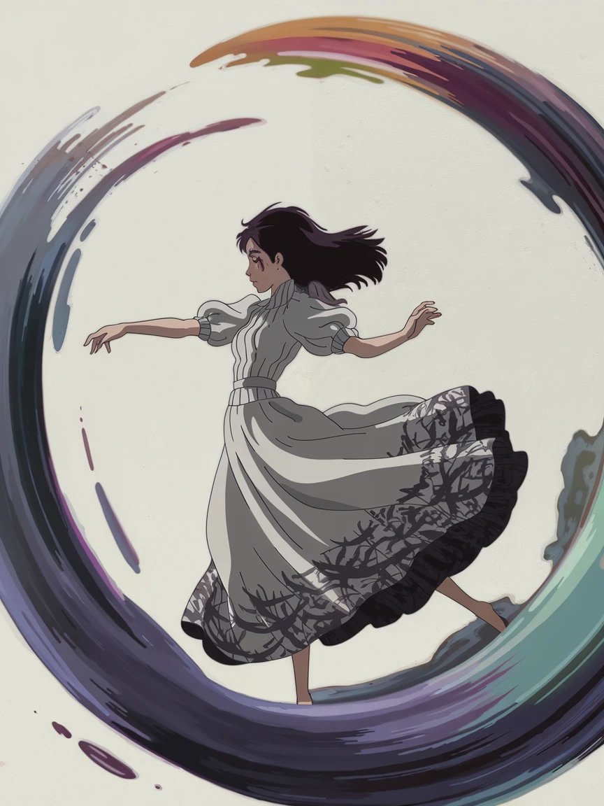 Ideogram V2 Turbo: Woman in a flowing dress dancing in a swirl of paint and color, abstract brush strokes, expressive movement, v