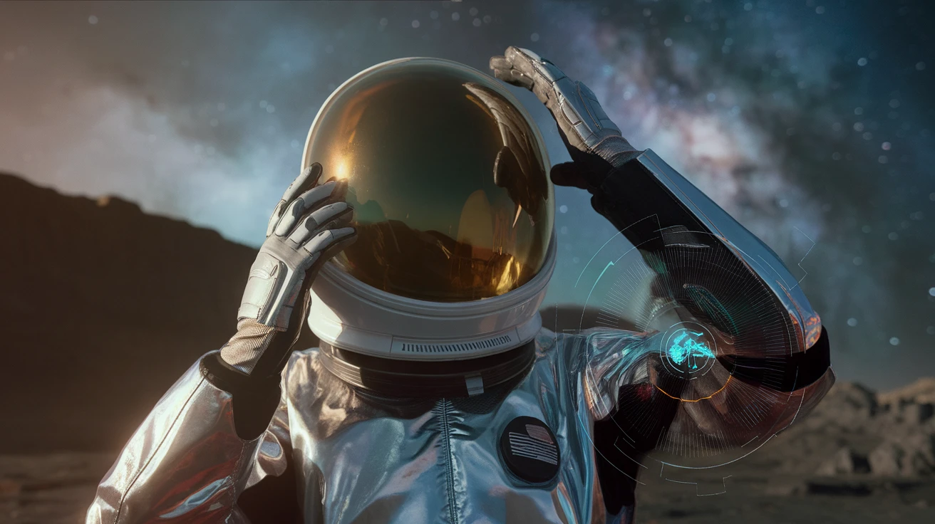 Ideogram V2 Turbo: Space explorer removing helmet on an alien planet, galaxy sky background, reflective suit, high-tech interface