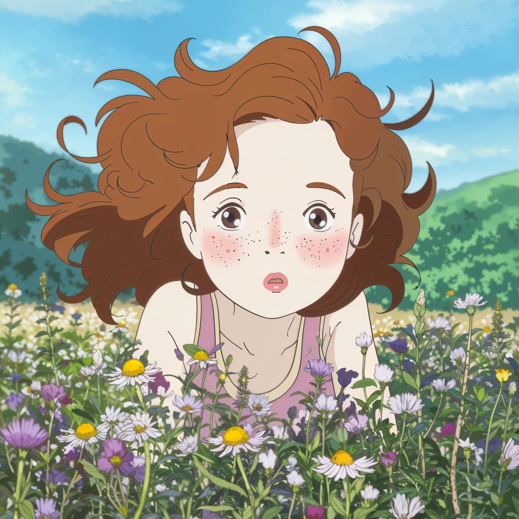 Ideogram V2: Girl with freckles and curly red hair lying in a field of wildflowers, soft natural light, macro-level skin de