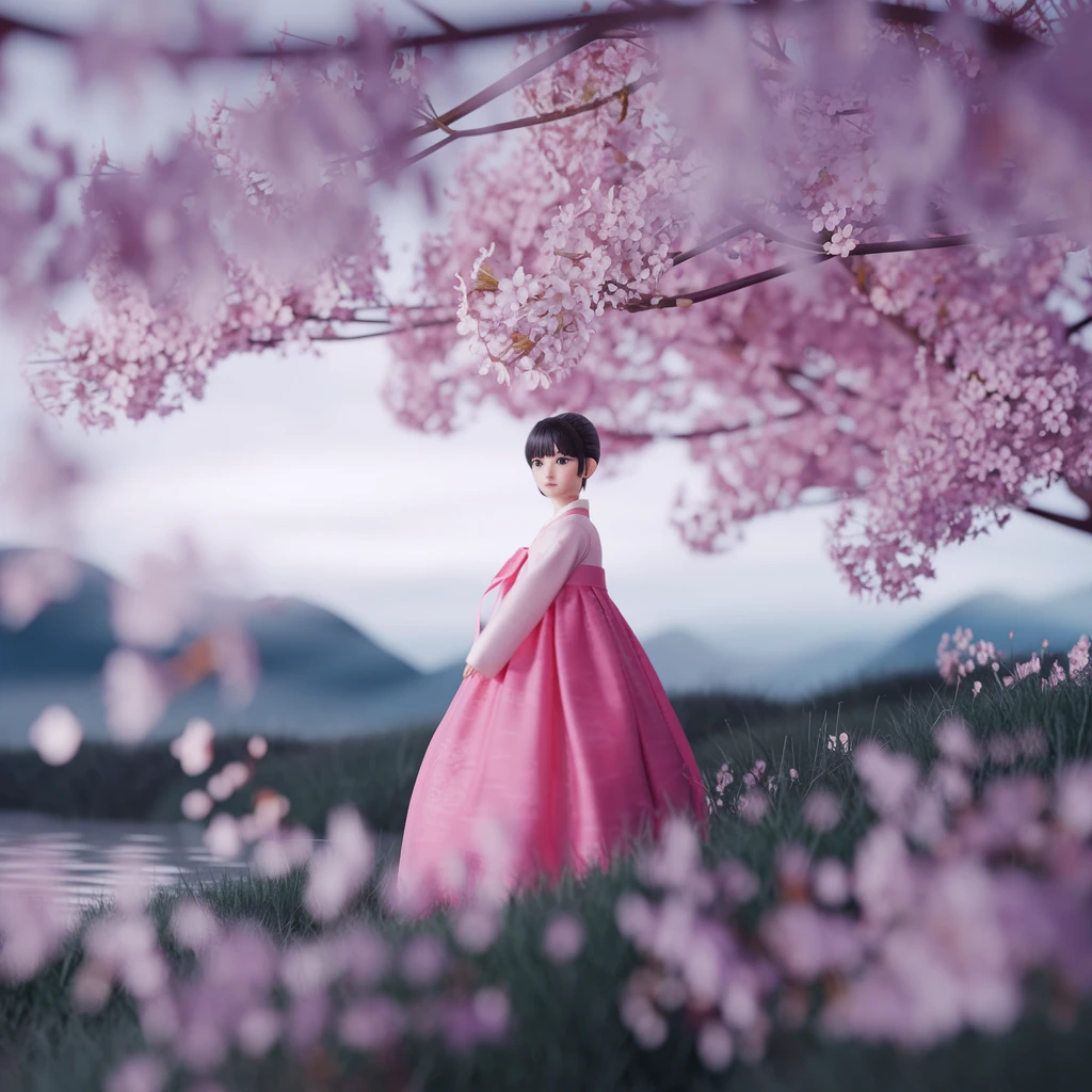 Ideogram V2: Korean girl in a hanbok standing under cherry blossoms, soft pastel tones, shallow depth of field, cinematic f