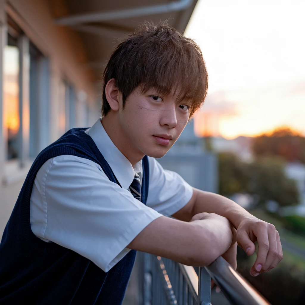Ideogram V2: Japanese high school boy leaning on a balcony, sunset in the background, uniform details, warm atmosphere, del