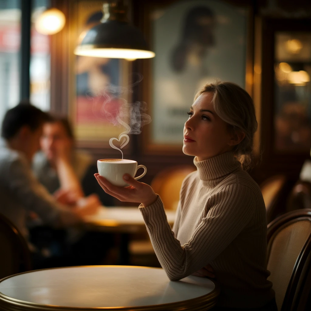 Ideogram V2a Turbo: A portrait photo of a woman sitting with a flat white coffee in a Parisienne cafe