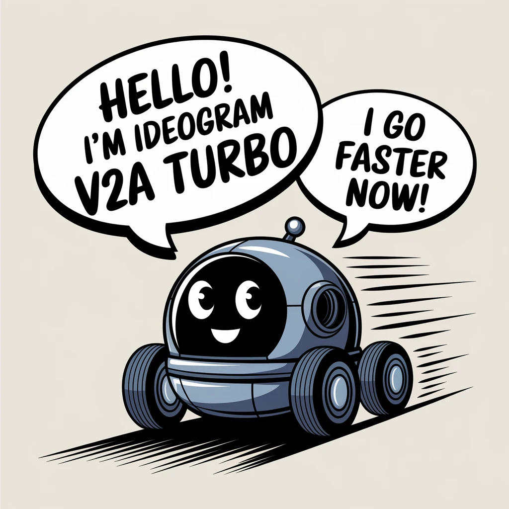 Ideogram V2a Turbo: Vector art of a friendly speedy robot, in a speech bubble it says "Hello! I'm Ideogram V2A turbo" in a friendl