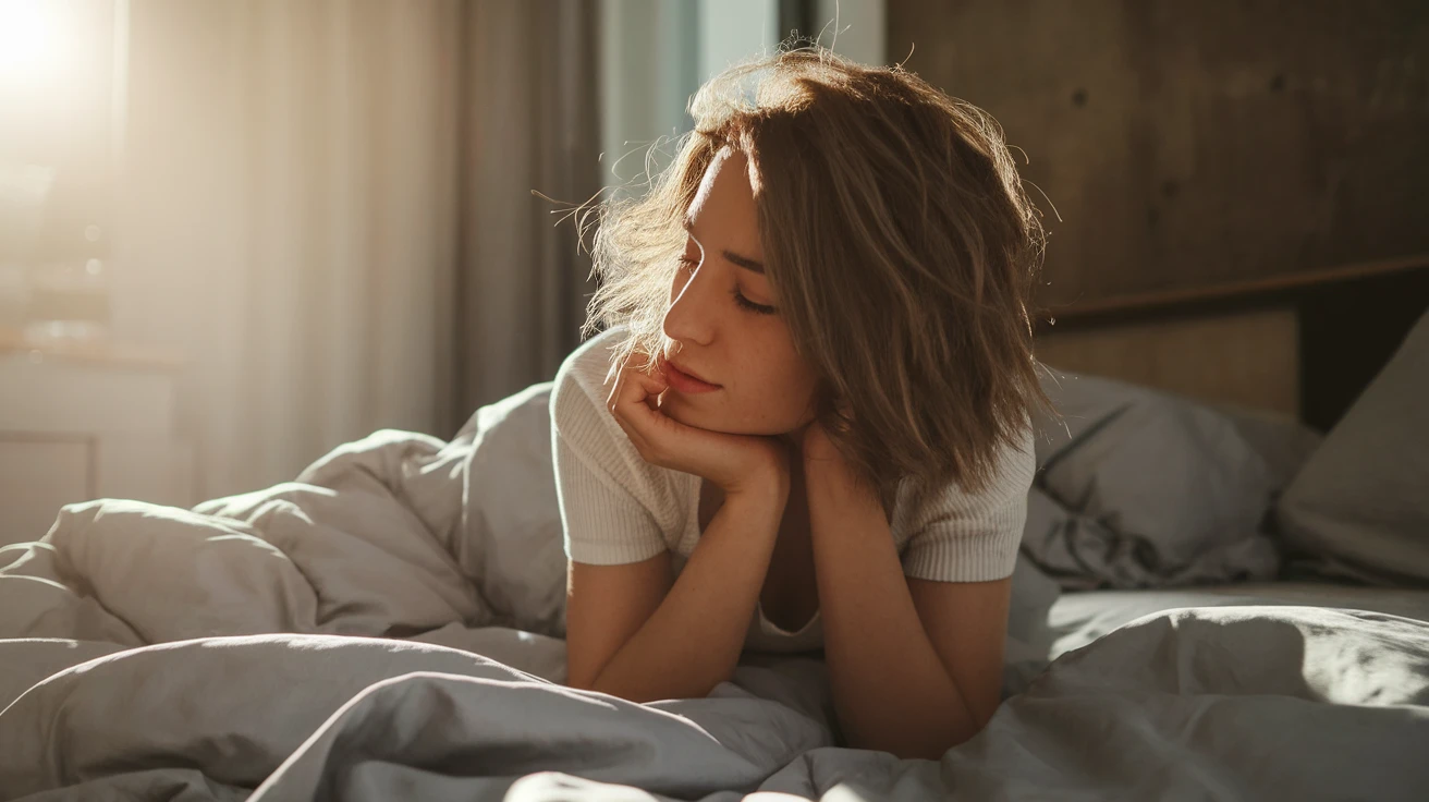 Ideogram V2a Turbo: Young woman waking up in the morning sunlight, lying in bed with tousled hair, warm backlight, intimate and na