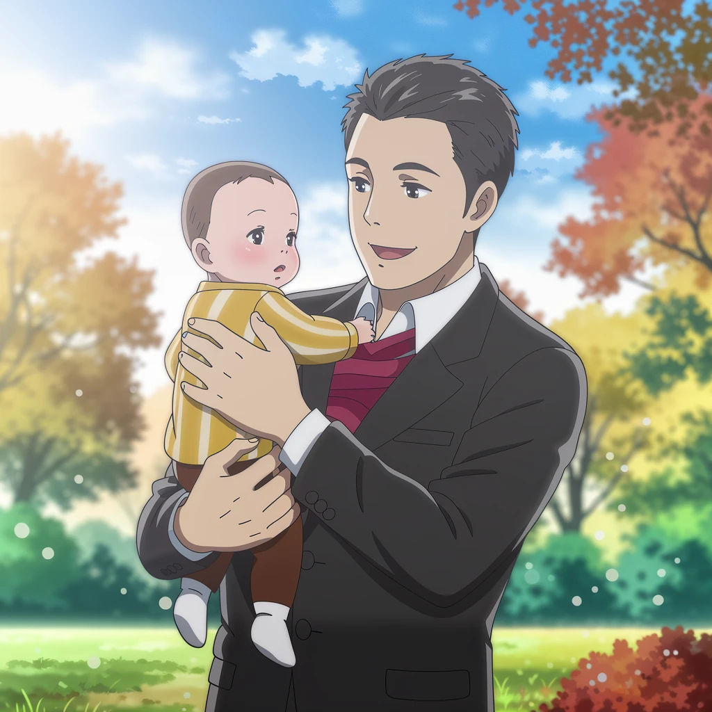 Ideogram V2a Turbo: Father holding his baby in a sunlit park, candid emotion, detailed facial features, colorful autumn background