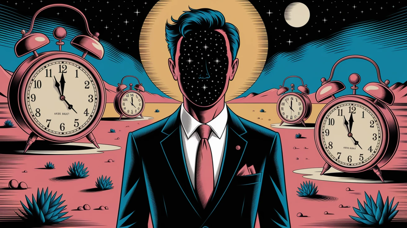 Ideogram V2a: Man with a starry night sky in place of his face, wearing a suit, standing in a desert with melting clocks, in