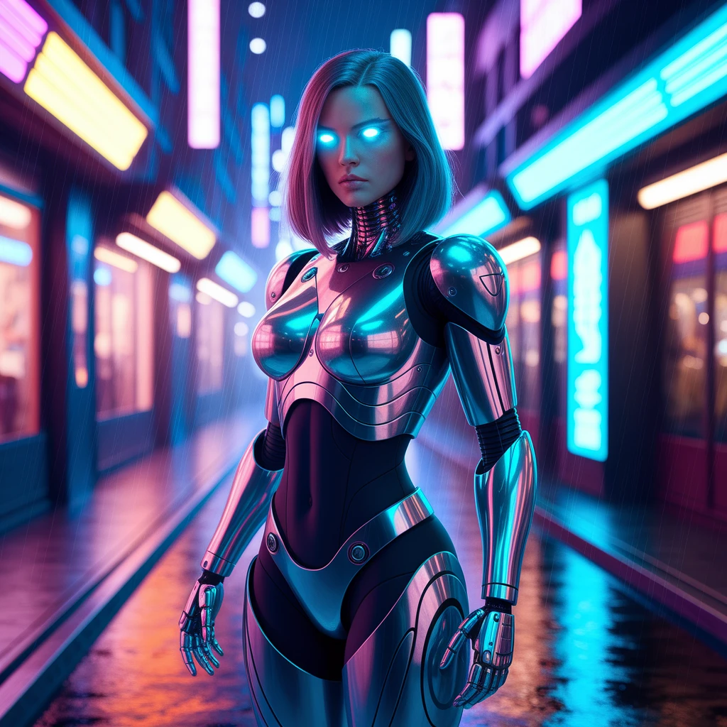 Ideogram V2a: Female cyborg with glowing blue eyes, chrome armor, neon-lit alley in futuristic Tokyo, rain reflections, cine