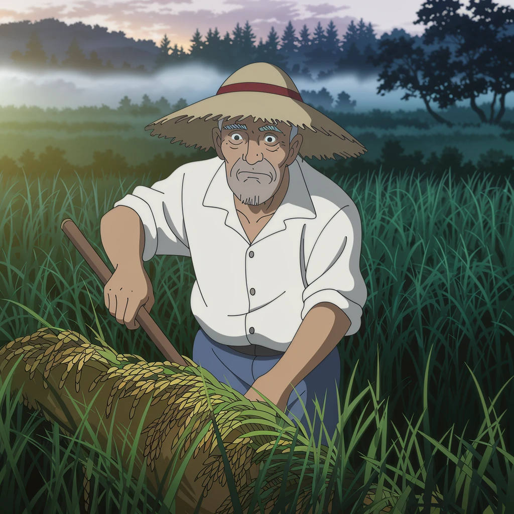 Ideogram V2a: Old man with a straw hat harvesting in a rice field at dawn, mist rising in the distance, wrinkled hands and s