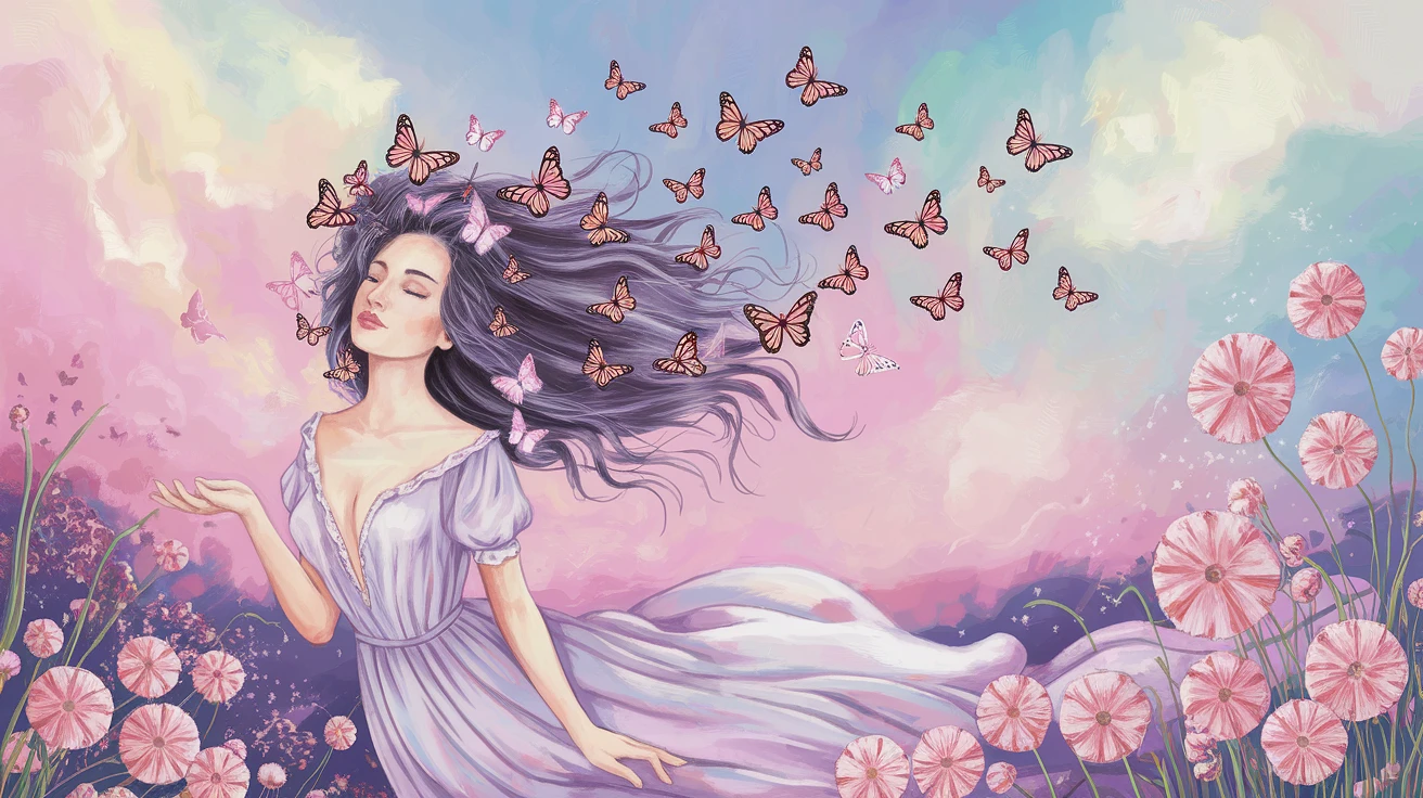 Ideogram V2a: A woman with butterflies emerging from her hair, floating in a weightless dreamscape, pastel color palette, so