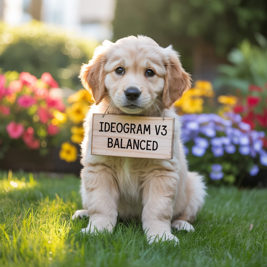Ideogram V3 Balanced: a photo of a puppy holding a sign that says "Ideogram v3 balanced"