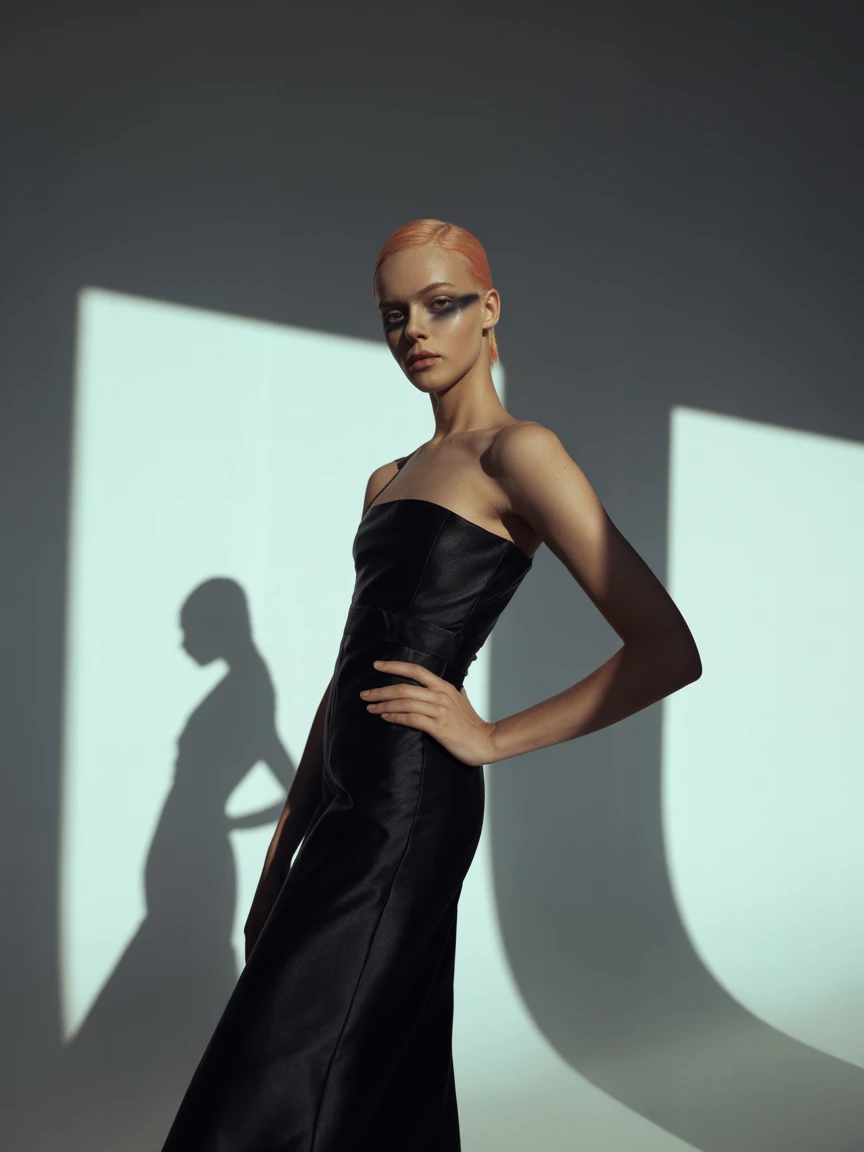 Ideogram V3 Balanced: High fashion model posing in a minimalist studio, dramatic shadow play, sharp cheekbones, avant-garde makeup,