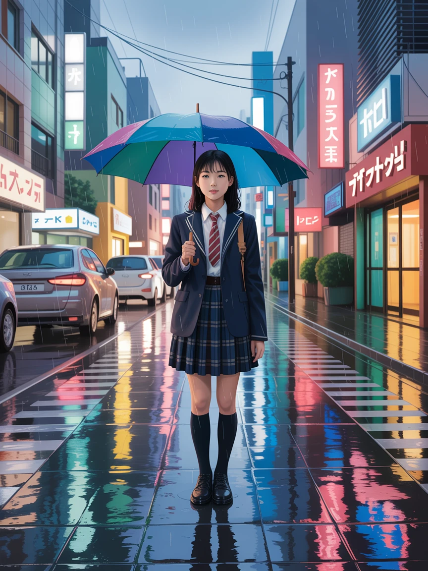 Ideogram V3 Balanced: Teenage girl in a school uniform standing on a rainy street in Tokyo, neon reflections on the ground, umbrella
