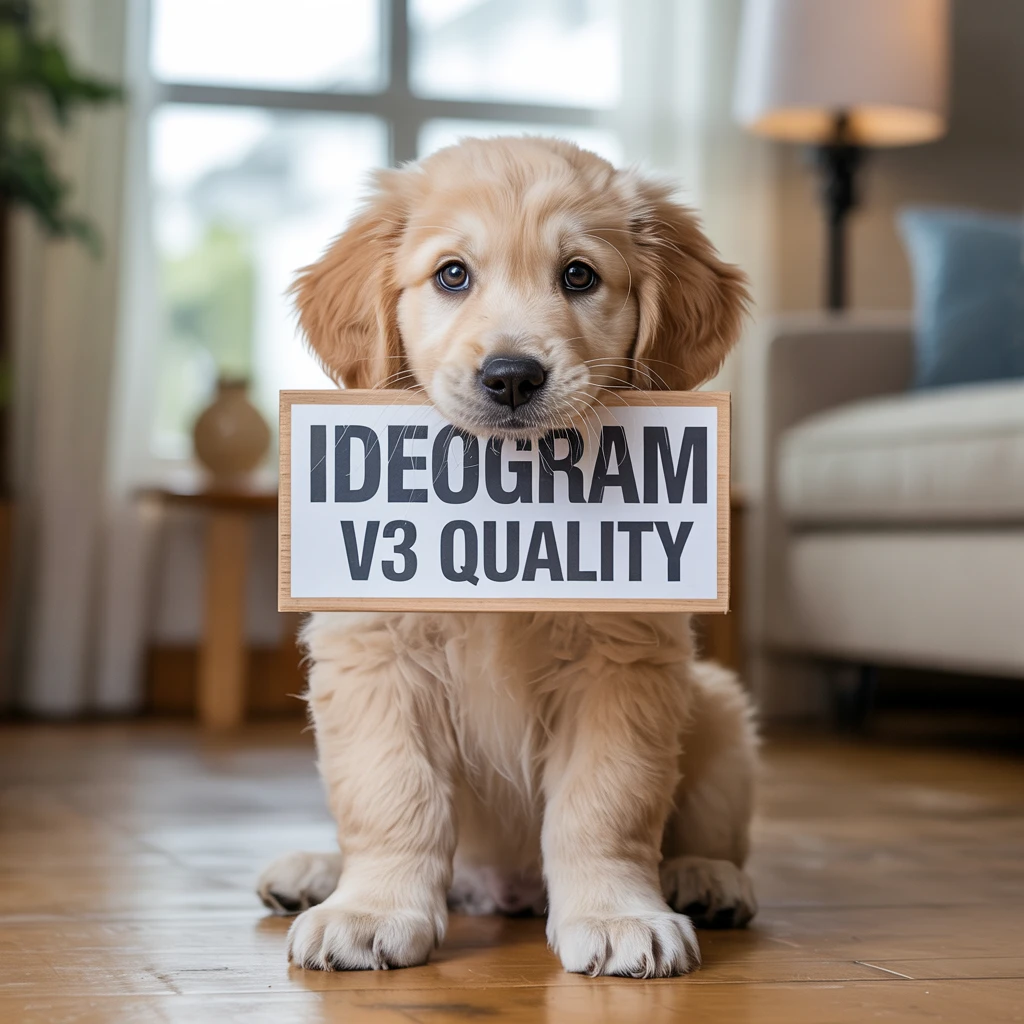 Ideogram V3 Quality: a photo of a puppy holding a sign that says "Ideogram v3 quality"