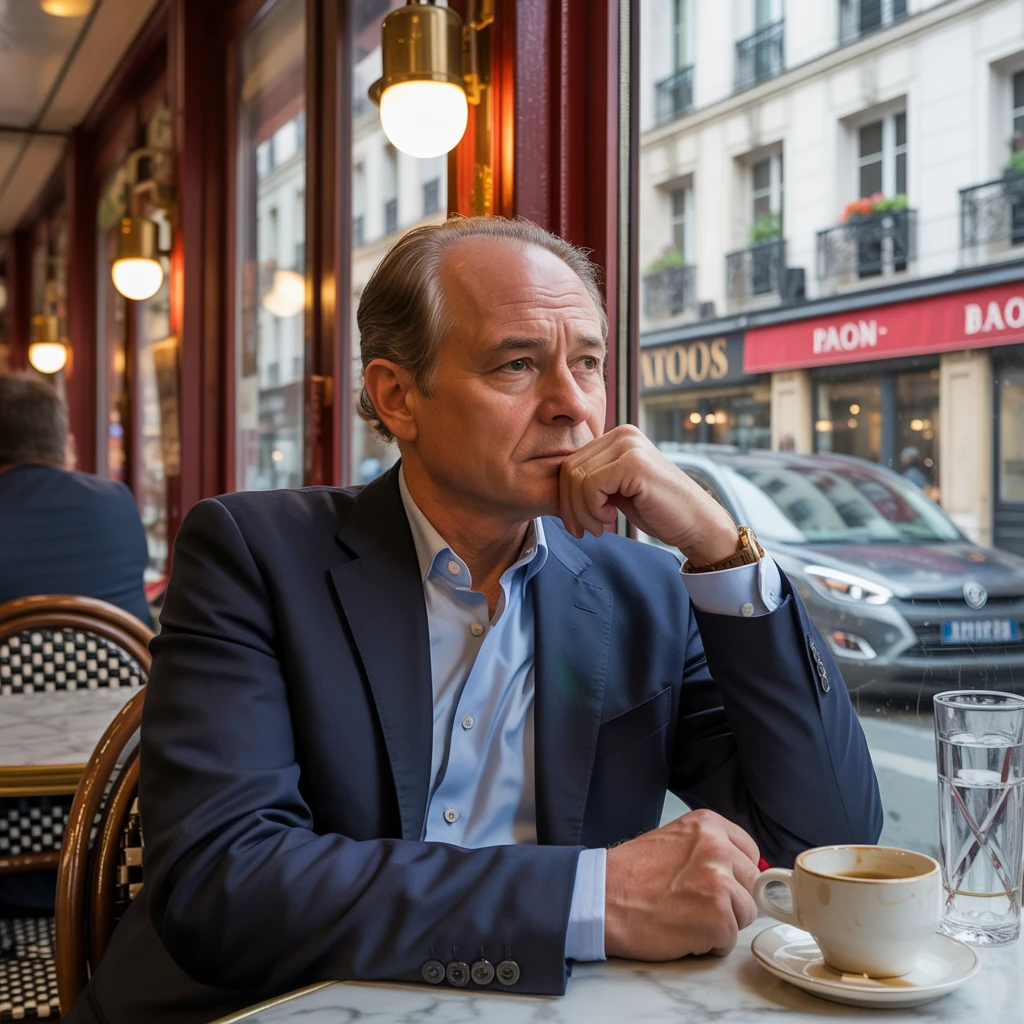 Ideogram V3 Quality: A middle-aged man sitting by a window in a Parisian café, moody lighting, warm tones, high-detail wrinkles and