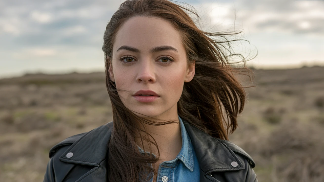 Ideogram V3 Quality: Ultra-realistic portrait of a young woman with windswept hair, wearing a leather jacket, golden hour lighting,
