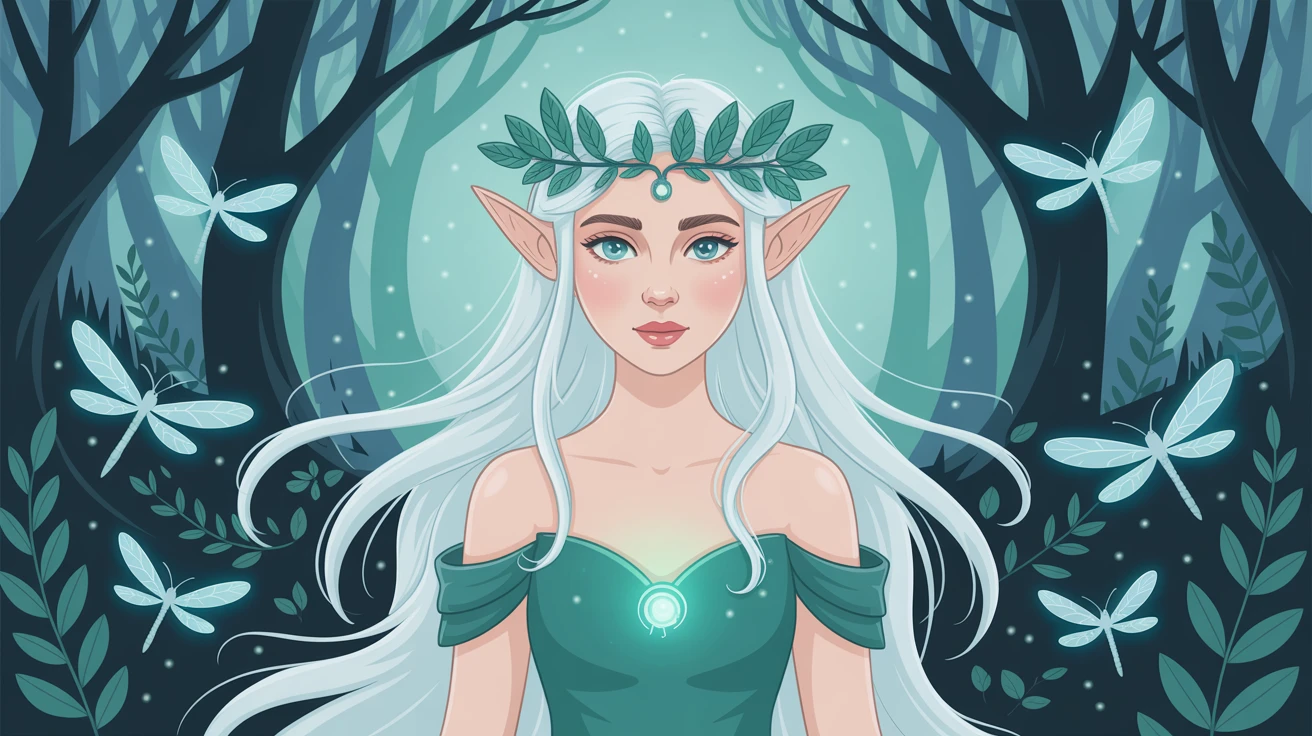 Ideogram V3 Quality: Elven princess in a glowing forest, wearing a crown of leaves, long flowing hair, bioluminescent fireflies sur
