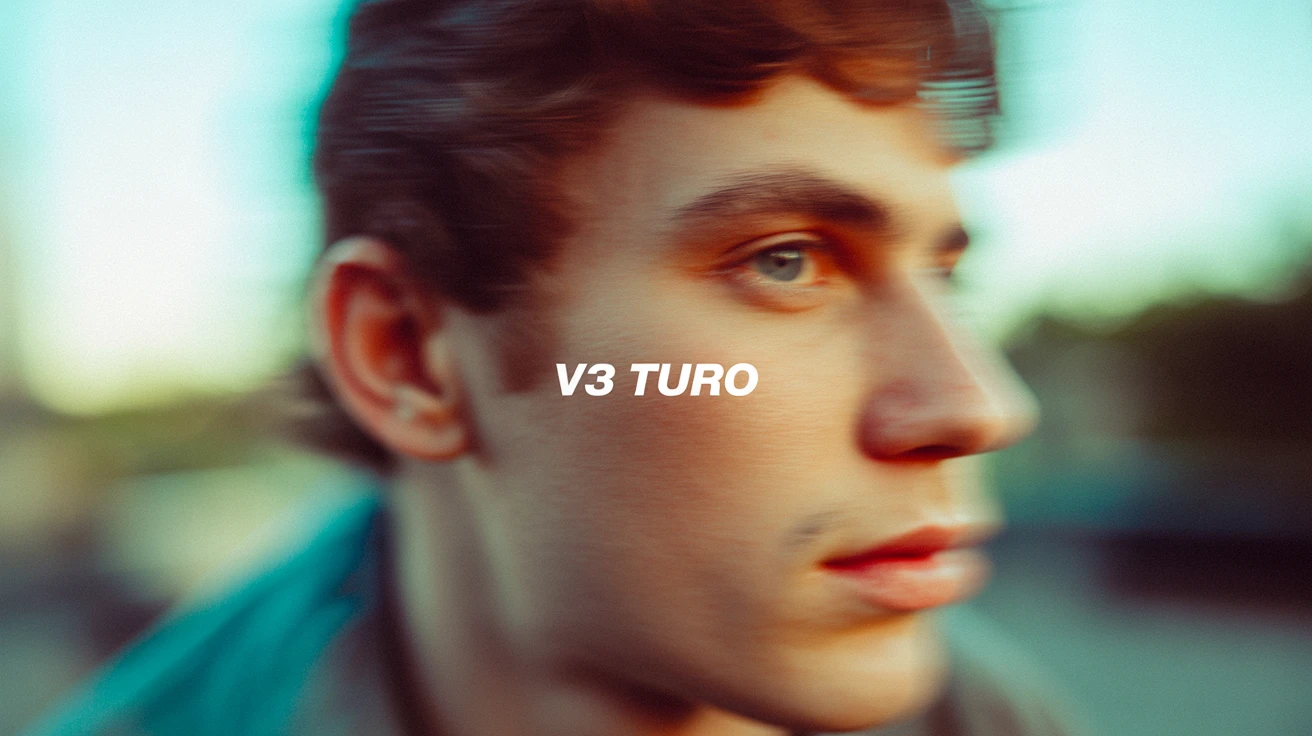 Ideogram V3 Turbo: The text "V3 Turbo" in the center middle. A color film-inspired portrait of a young man looking to the side wi
