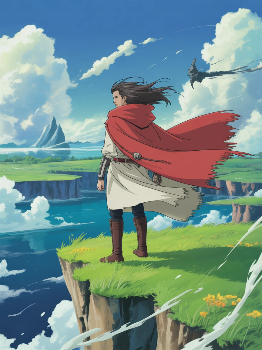 Ideogram V3 Turbo: Stylized male character with long hair and red cloak standing on a cliff, wind blowing, anime fantasy world ba