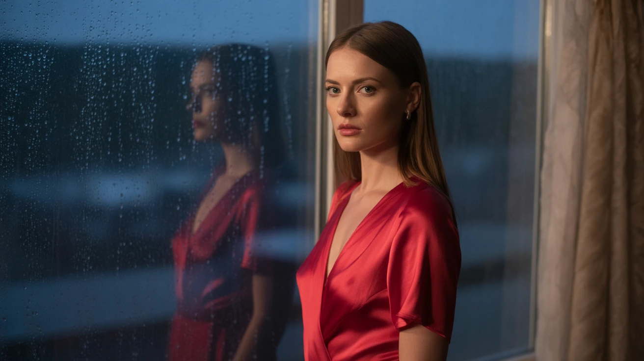 Ideogram V3 Turbo: A woman in a red silk dress standing beside a rainy window, soft reflections, moody cinematic lighting, ultra-