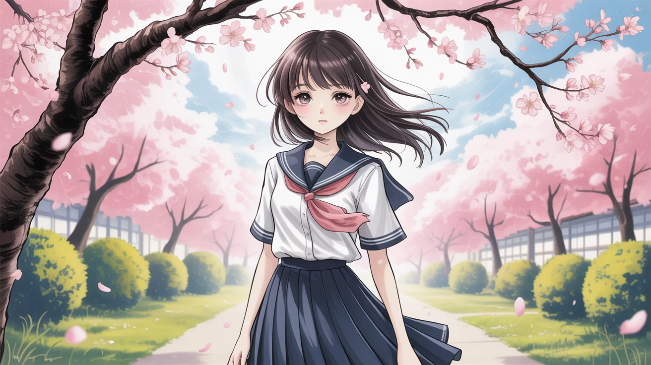 Ideogram V3 Turbo: Anime-style schoolgirl under cherry blossoms, soft pastel palette, glowing petals, 2D cel-shaded style, dramat