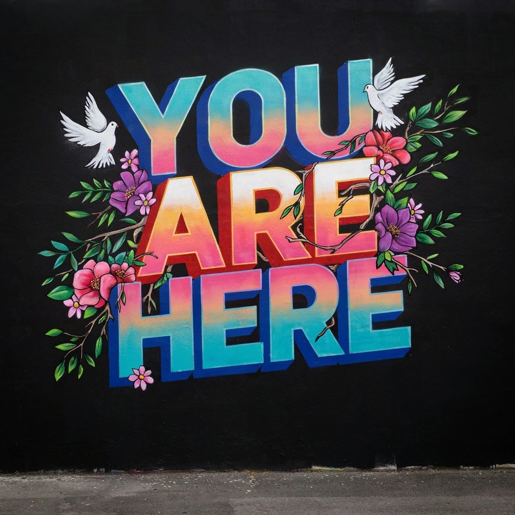 Ideogram V4: A bold urban mural, "YOU ARE HERE" in oversized 3D block letters, glowing sunset gradient with turquoise accen