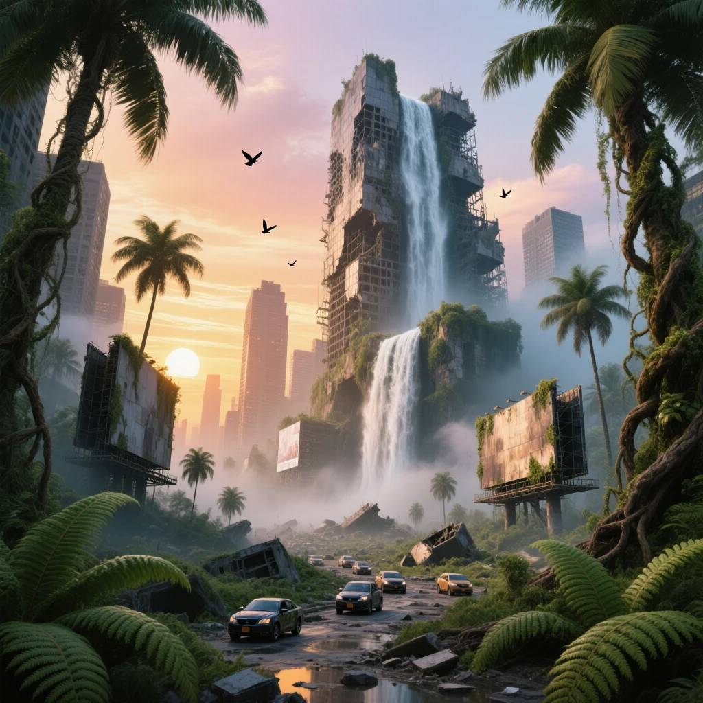 Kling Image O1: Cinematic post-apocalyptic landscape. Wide shot of the ruins of Times Square, New York, completely overgrown w
