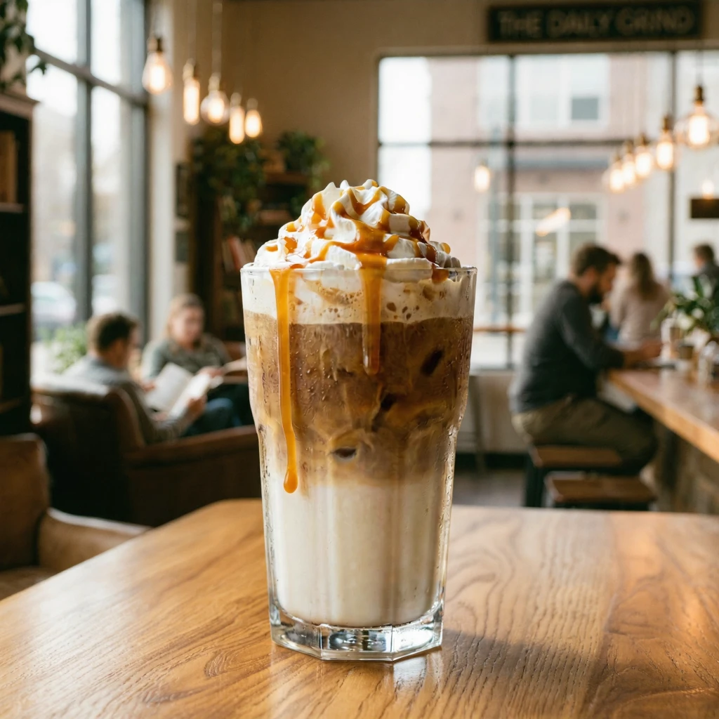 Kling Image O1: A cozy modern coffee shop interior with warm ambient lighting and wood textures. On the table, place a clear g