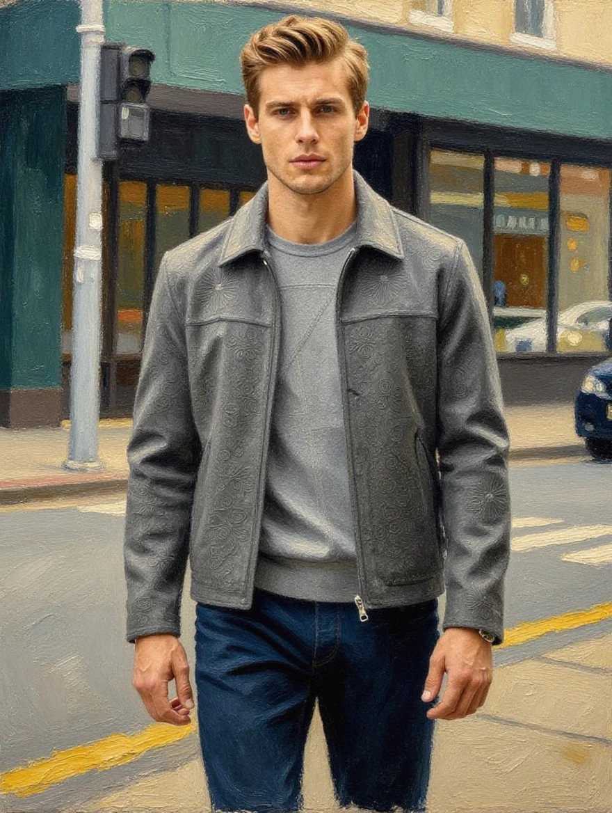 Kling Image V3 Edit: A young man with swept-back golden hair and angular jawline striding through a moody metropolitan street, wear