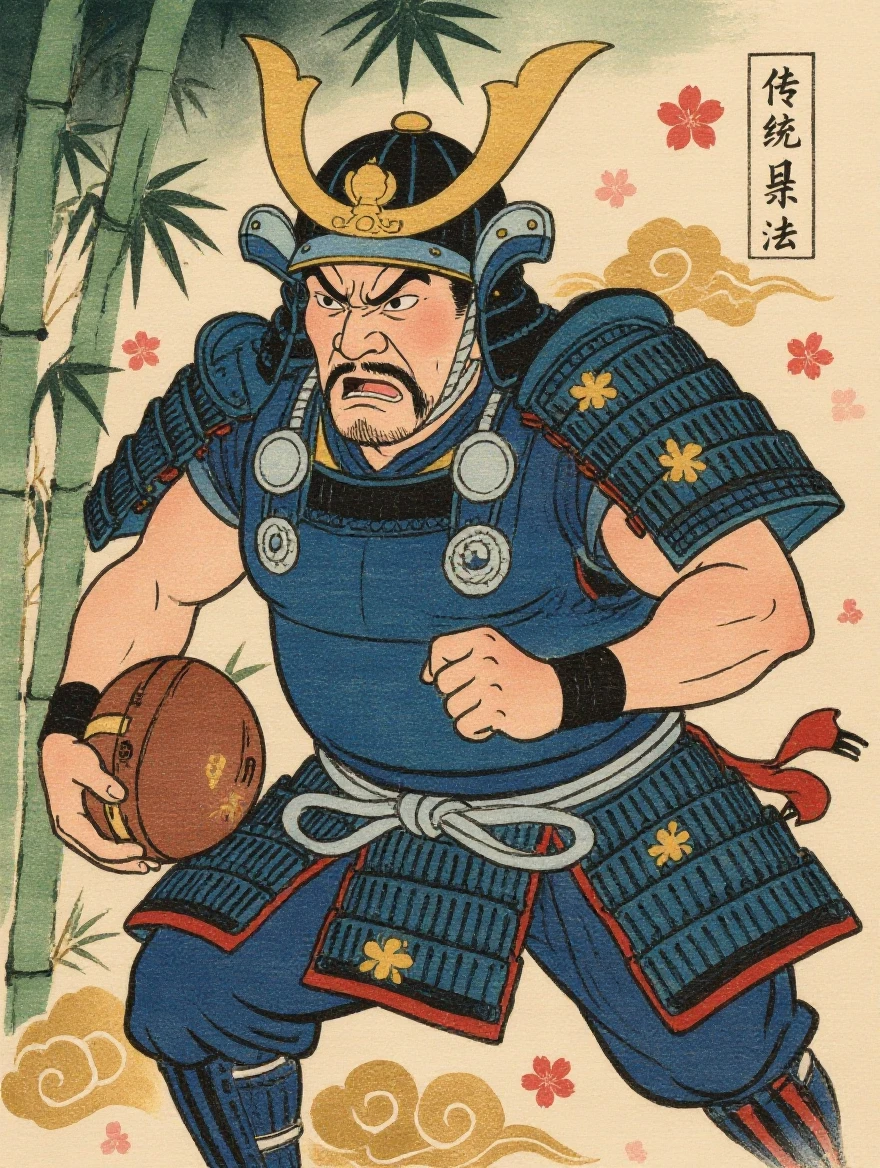 Kling Image V3 Edit: A powerful sumo-built samurai warrior running through a bamboo 
forest carrying a war drum under his right arm