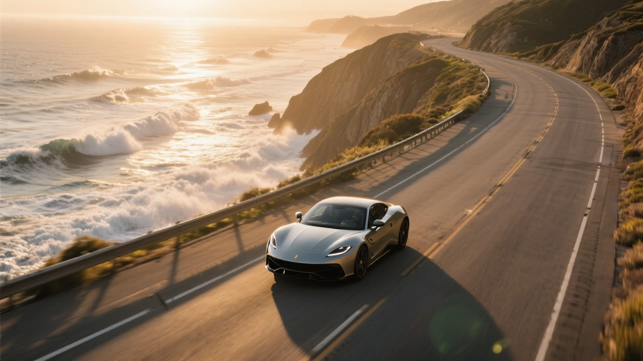 Kling V1.6 Multi I2v Pro: Luxury sports car driving along a coastal highway during golden hour, waves crashing against cliffs, aerial dr