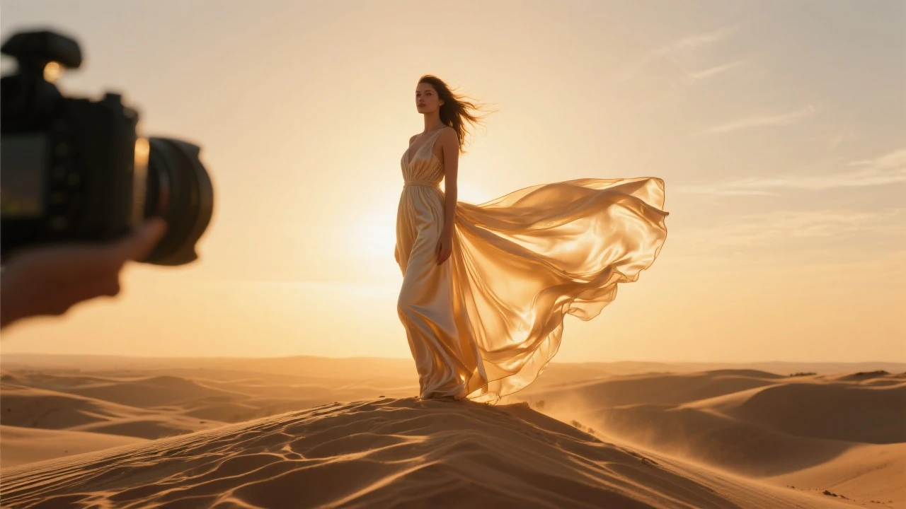 Kling V1.6 Multi I2v Standard: model in a flowing silk gown standing on top of a sand dune, golden sunset light illuminating the fabric, came