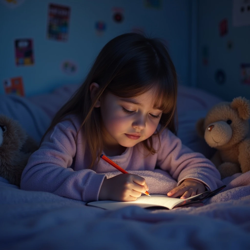 Photon Flash: Teen girl journaling in bed by phone flashlight, stuffed animals around her, stickers on the wall, cozy and in