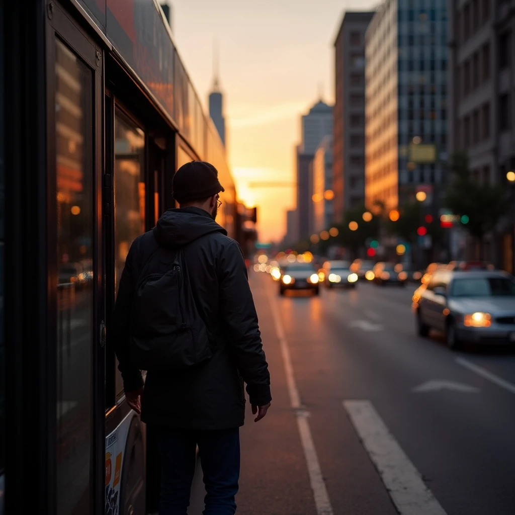Photon Flash: Commuter boarding a city bus at sunset, reflections on the glass, traffic passing by, low-angle shots of build