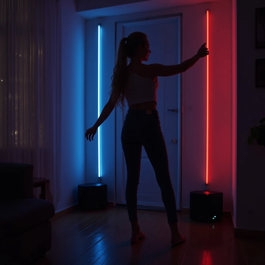 Photon Flash: Woman dancing alone in her apartment at midnight, Bluetooth speaker playing upbeat music, lights off except fo