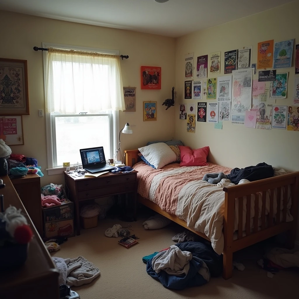 Photon Flash: Cluttered teenager's bedroom with posters on the wall, open laptop, messy bed and clothes on the floor, natura