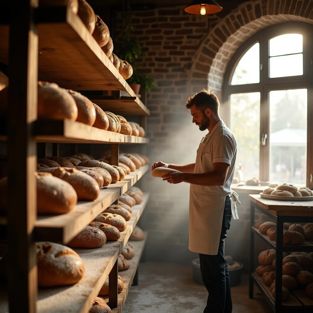 Photon: Baker arranging bread on wooden shelves in a rustic bakery, flour dust in the air, morning glow from the windo