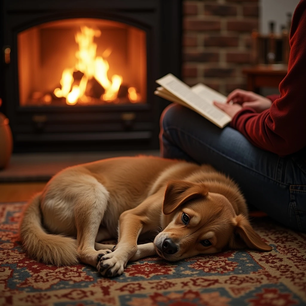 Photon: Dog curled up on a living room rug, fire crackling in the fireplace, owner reading beside them, soft jazz play