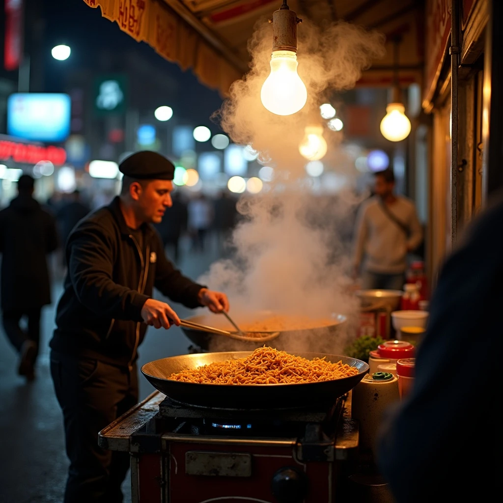 Photon: Street vendor cooking noodles late at night, steam rising from the wok, city lights glowing behind, hungry cus