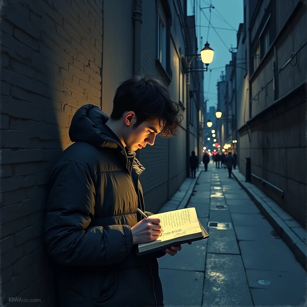 Photon: Young man sketching in a notebook under a streetlight at night, quiet alley, distant voices and city hum
