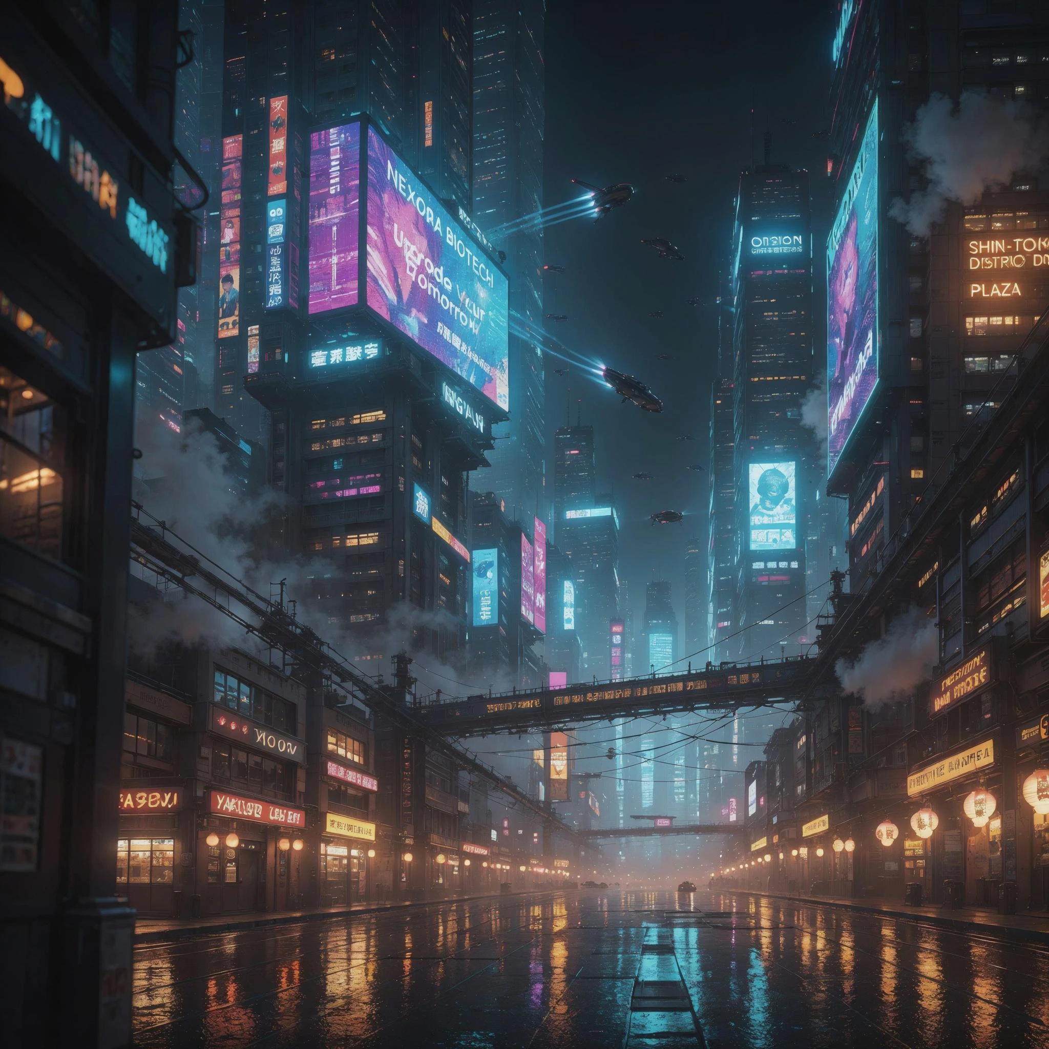 Uni V1 Text-to-Image: A futuristic cyberpunk megacity at night, towering skyscrapers covered with holographic advertisements, flying