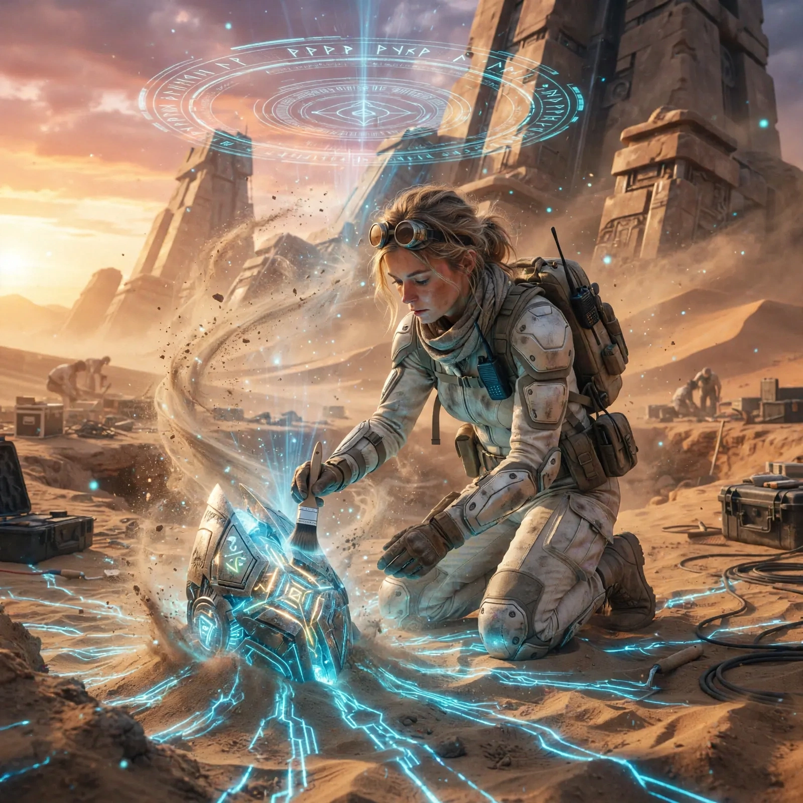 Muse Image Edit: Transform the unearthed artifact into an activated ancient machine while preserving the archaeologist’s identi
