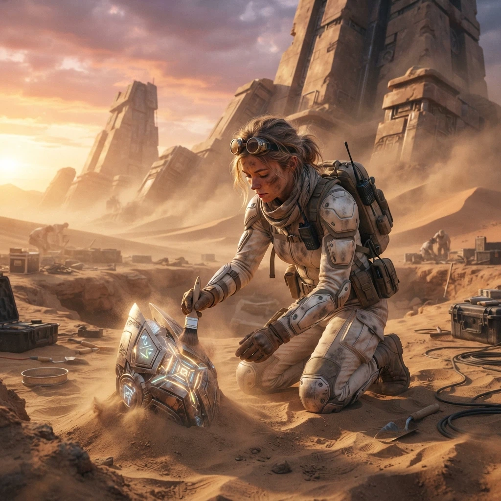 Muse Image Edit: Transform the unearthed artifact into an activated ancient machine while preserving the archaeologist’s identi
