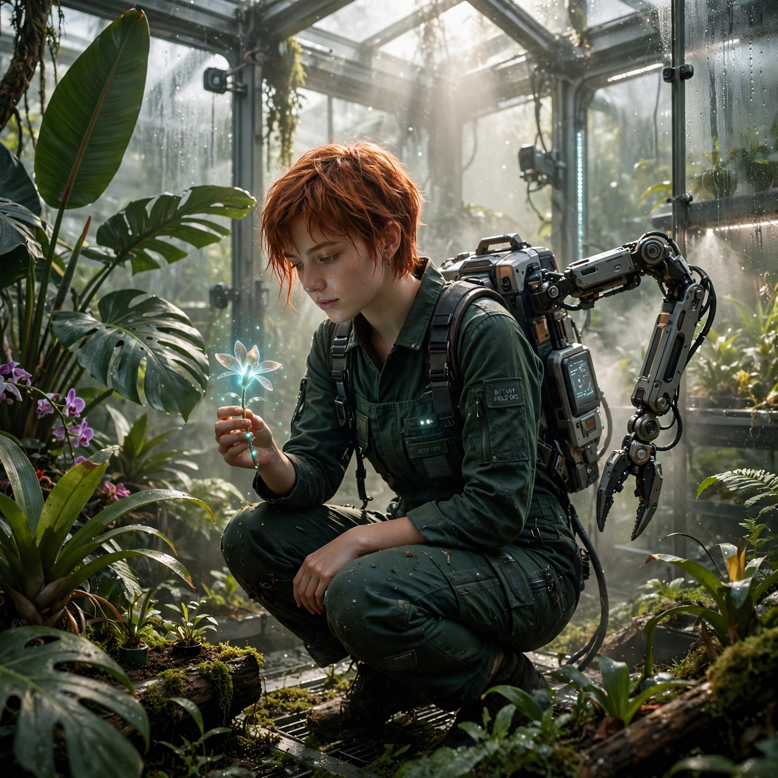 Muse Image Text-to-Image: A cool young foreign woman crouching among enormous tropical plants inside a futuristic glass greenhouse, shor