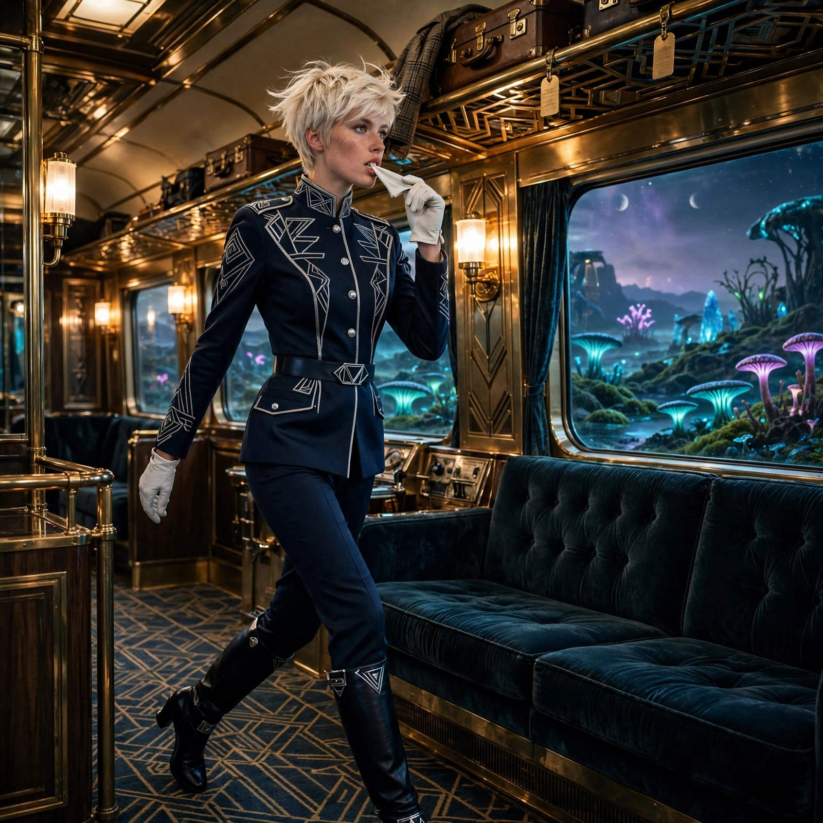 Muse Image Text-to-Image: A striking young European woman walking through a luxurious retro-futuristic train carriage, captured mid-stri