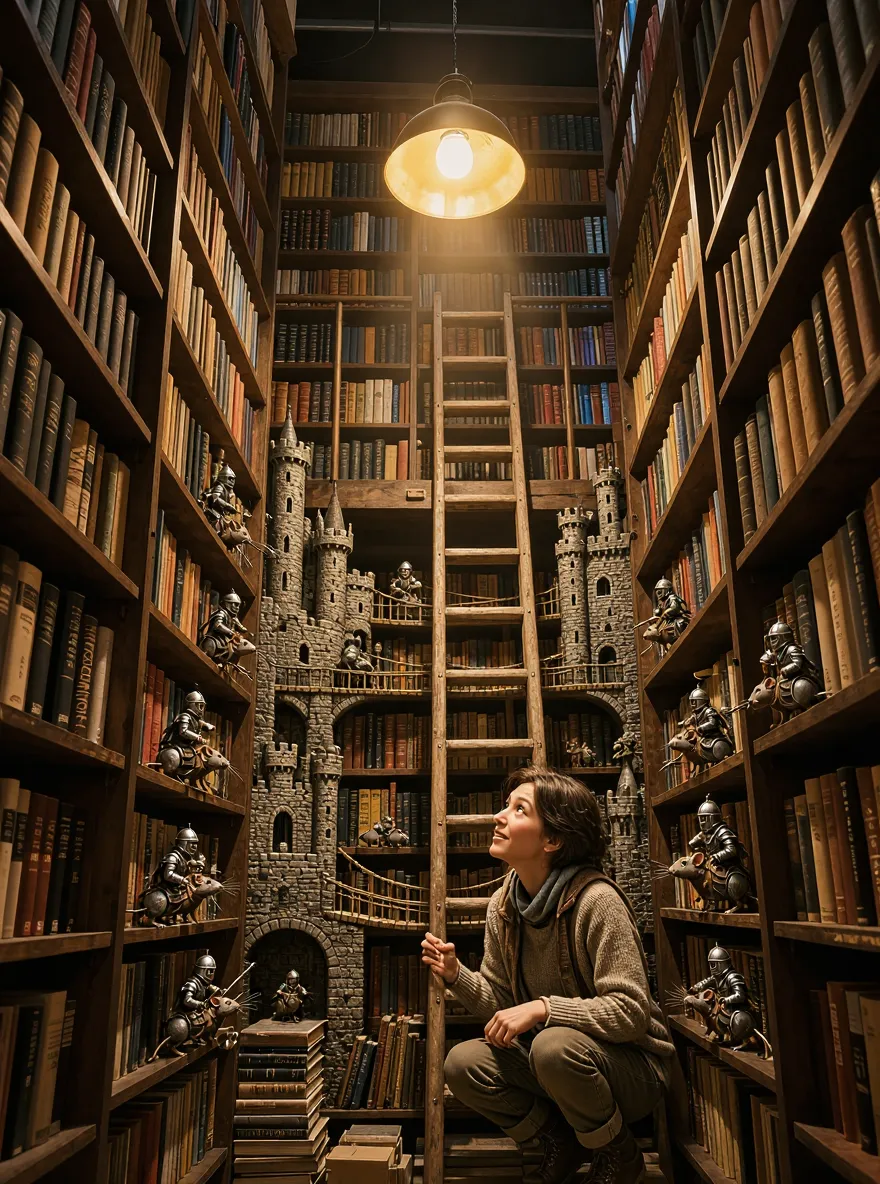 Mai Image 2.5 Pro Edit: Change that a tiny medieval kingdom exists between the books. Add miniature castles, tiny knights riding mice,