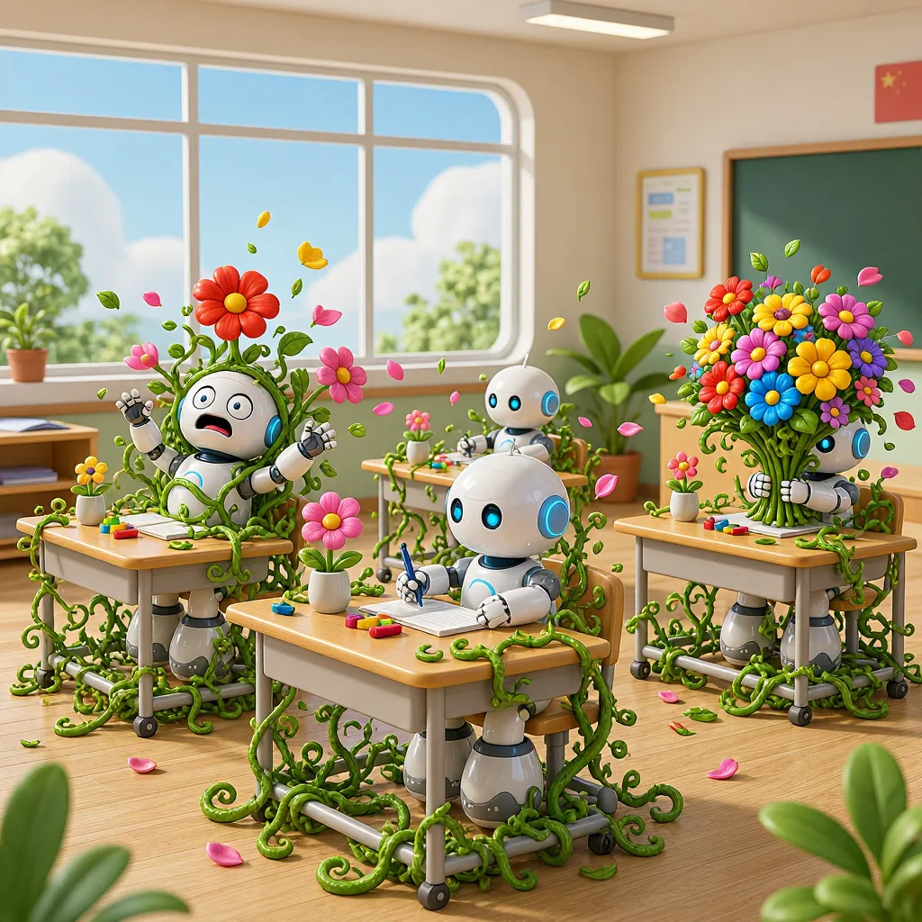 Mai Image 2.5 Pro Edit: Change the flower arrangement class goes hilariously wrong: flowers growing wildly out of control, vines wrapp
